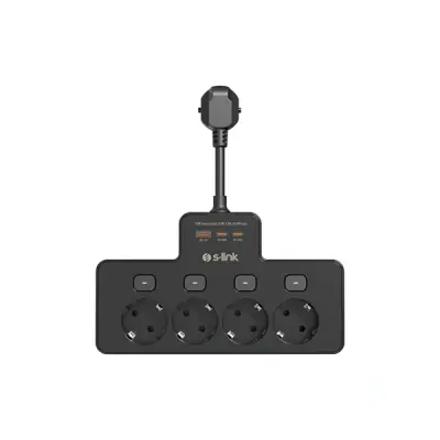 S-Link Túlfeszültségvédő - PRZ08 (15cm, 210 Joule, USB-A, 2xType-C, 16A, 3.4A/5V, 3680W, 4db schuko, fekete)