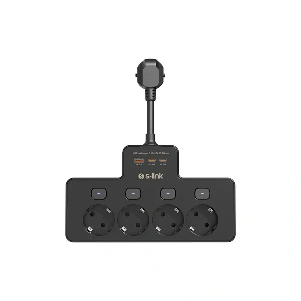 S-Link Túlfeszültségvédő - PRZ08 (15cm, 210 Joule, USB-A, 2xType-C, 16A, 3.4A/5V, 3680W, 4db schuko, fekete)
