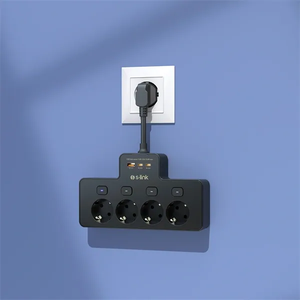 S-Link Túlfeszültségvédő - PRZ08 (15cm, 210 Joule, USB-A, 2xType-C, 16A, 3.4A/5V, 3680W, 4db schuko, fekete) – 5. kép