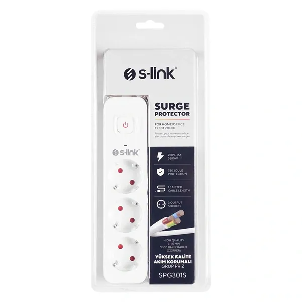 S-Link Túlfeszültségvédő - SPG301S (1,5m, 750 Joule, 16A, 3680W, 3db schuko, fehér) – 6. kép