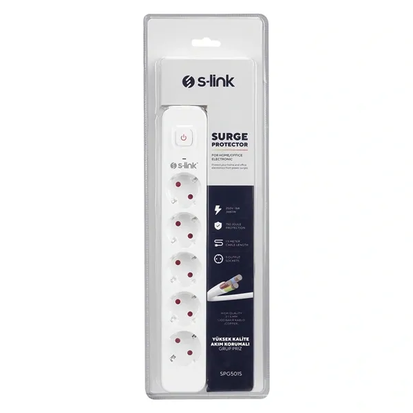 S-Link Túlfeszültségvédő - SPG501S (1,5m, 750 Joule, 16A, 3680W, 5db schuko, fehér) – 7. kép
