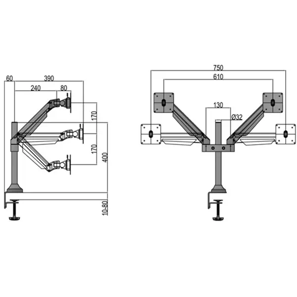 MULTIBRACKETS 2 karos asztali konzol, M VESA Gas Lift Arm Dual White (15-32", max.VESA: 100x100 mm, 10 kg) – 5. kép