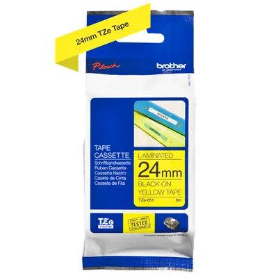 BROTHER szalag TZe-651, Sárga alapon Fekete, Laminált, 24mm 0.94", 8 méter – 2. kép