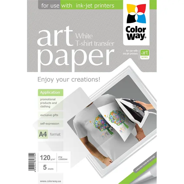 COLORWAY Fotópapír, pólóra vasalható (ART T-shirt transfer, white), 120 g/m2, A4, 5 lap