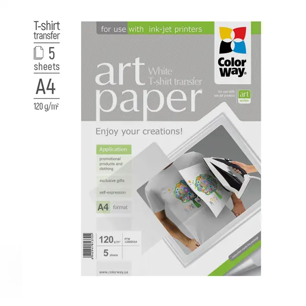 COLORWAY Fotópapír, pólóra vasalható (ART T-shirt transfer, white), 120 g/m2, A4, 5 lap – 2. kép