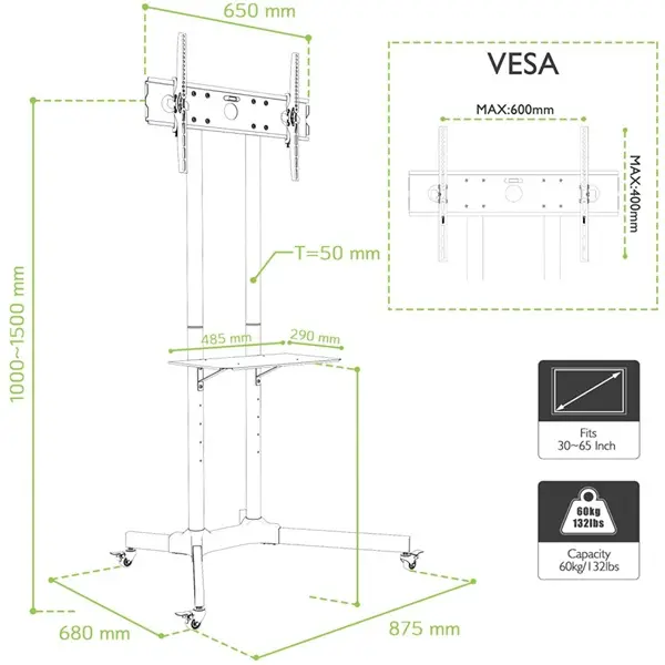 TECHLY ICA-TR6 gurulós padlóállvány 30-65" LED/LCD kijelzőhöz – 3. kép