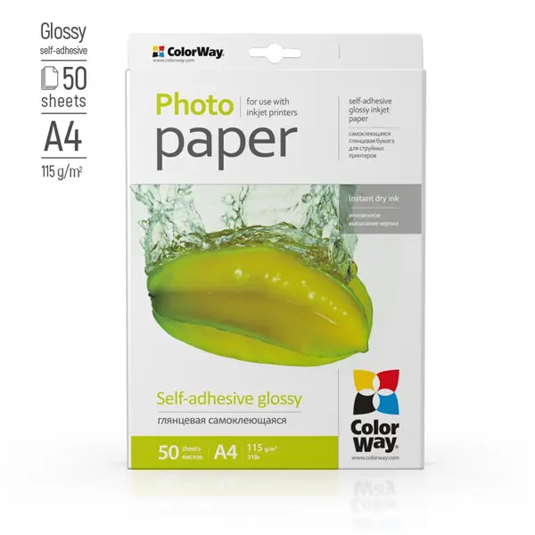 COLORWAY Fotópapír, fényes öntapadó (glossy self-adhesive), 115 - 80g/m2, A4, 50 lap – 2. kép