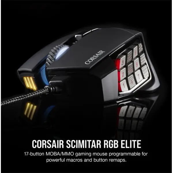 CORSAIR Vezetékes Egér Gaming, SCIMITAR RGB ELITE, 17 programozható gomb, RGB Világítás, 18000dpi, fekete – 2. kép