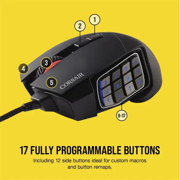 CORSAIR Vezetékes Egér Gaming, SCIMITAR RGB ELITE, 17 programozható gomb, RGB Világítás, 18000dpi, fekete – 3. kép