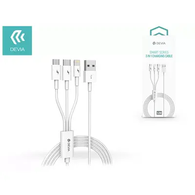 Devia Smart Series 3in1, 10W Lightning/microUSB/USB-C (Type-C) - töltőkábel, fehér, 1,2m