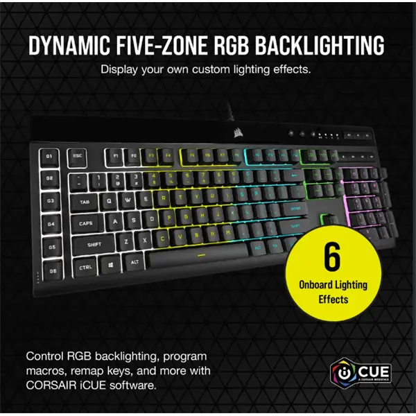 CORSAIR Vezetékes Billentyűzet Gaming, K55 RGB PRO, 6 programozható billentyű, Cseppálló, Csuklótámasz, US, fekete – 2. kép