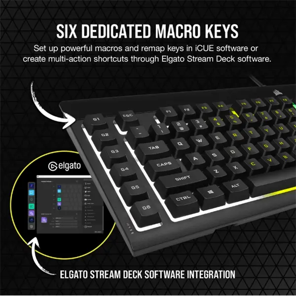 CORSAIR Vezetékes Billentyűzet Gaming, K55 RGB PRO, 6 programozható billentyű, Cseppálló, Csuklótámasz, US, fekete – 3. kép