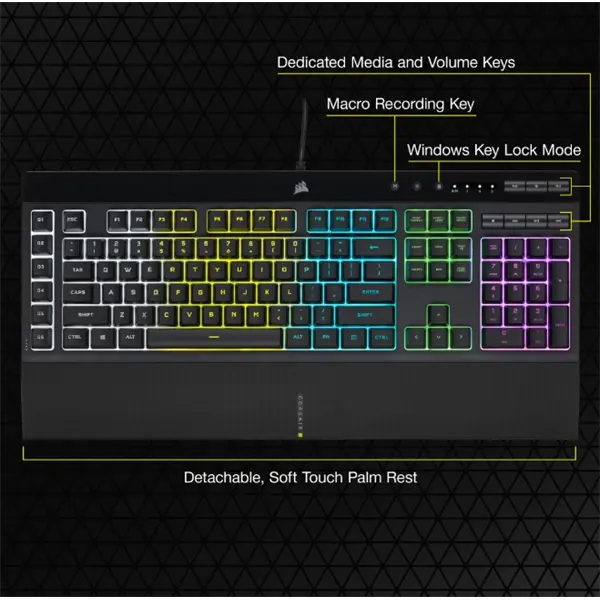 CORSAIR Vezetékes Billentyűzet Gaming, K55 RGB PRO, 6 programozható billentyű, Cseppálló, Csuklótámasz, US, fekete – 6. kép