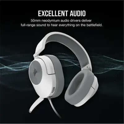 CORSAIR Vezetékes Headset, HS55 Gaming, Ultrakönnyű, Jack dugós, fehér – 2. kép