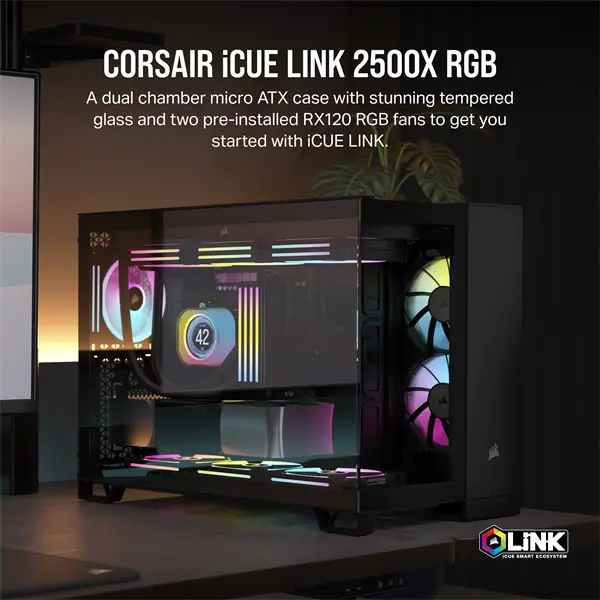 CORSAIR Ház Micro-ATX iCUE LINK 2500X RGB, Tápegység nélkül, Edzett Üveg, fekete – 3. kép