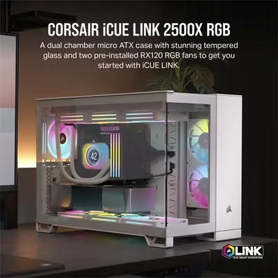 CORSAIR Ház Micro-ATX iCUE LINK 2500X RGB, Tápegység nélkül, Edzett Üveg, fehér – 2. kép