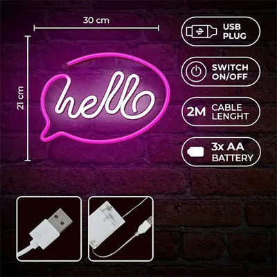 FOREVER LIGHT Neon LED dekorációs lámpa HELLO rózsaszín / fehér, USB, be/ki kapcsoló, 3 X AA, falra akasztható – 2. kép