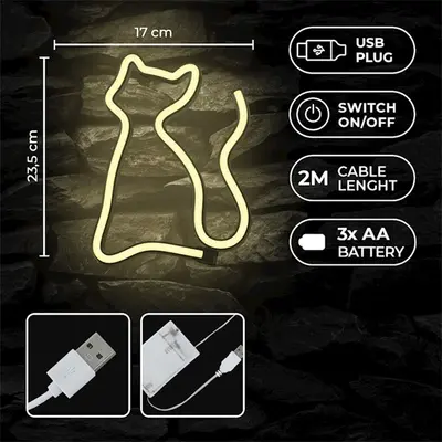 FOREVER LIGHT Neon LED dekorációs lámpa CICA meleg fehér, USB, be/ki kapcsoló, 3 X AA, falra akasztható – 2. kép