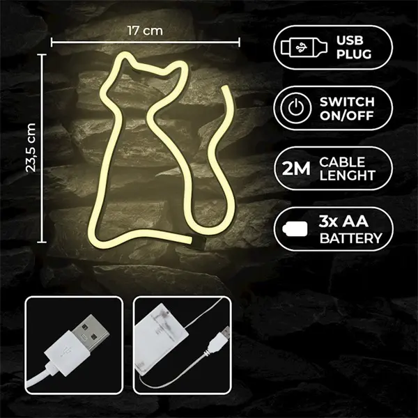 FOREVER LIGHT Neon LED dekorációs lámpa CICA meleg fehér, USB, be/ki kapcsoló, 3 X AA, falra akasztható – 2. kép