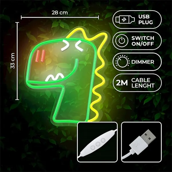 FOREVER LIGHT Neon LED dekorációs lámpa JURASSIC DINO zöld, szabályozható, USB, be/ki kapcsoló, falra szerelhető – 2. kép