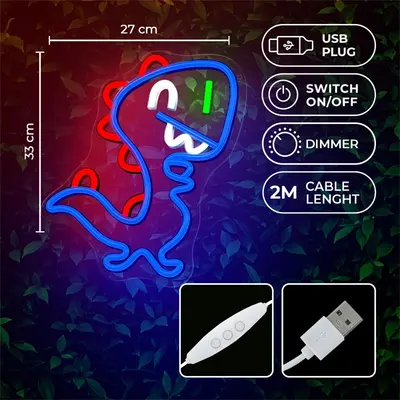 FOREVER LIGHT Neon LED dekorációs lámpa JURASSIC BABY DINO kék, szabályozható, USB, be/ki kapcsoló, falra szerelhető – 2. kép