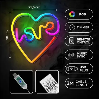 FOREVER LIGHT Neon LED dekorációs RGB lámpa LOVE in HEART, USB, távirányító, MUSIC SYNC, szabályozható, TIMER – 2. kép