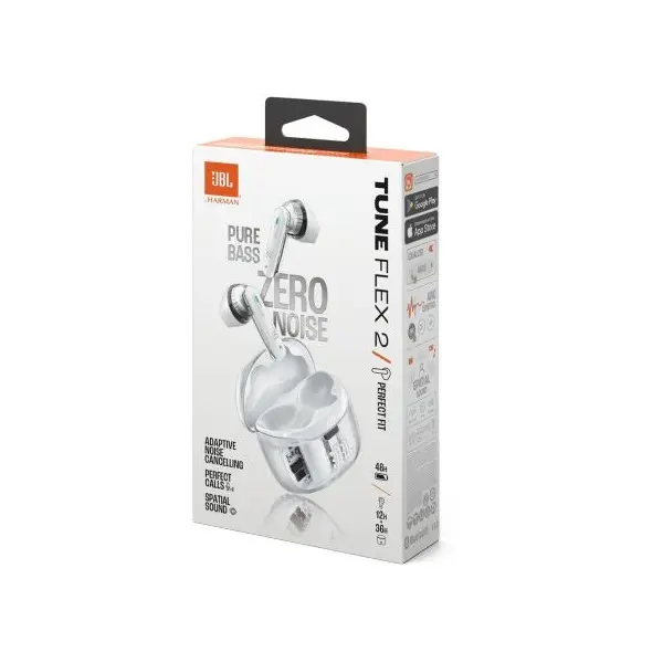 JBL TUNE FLEX 2 GHOST EDITION Bluetooth fülhallgató, tölthető 2 óra, IP45, adaptív zajcsökkentés, térhatás, fehér – 2. kép