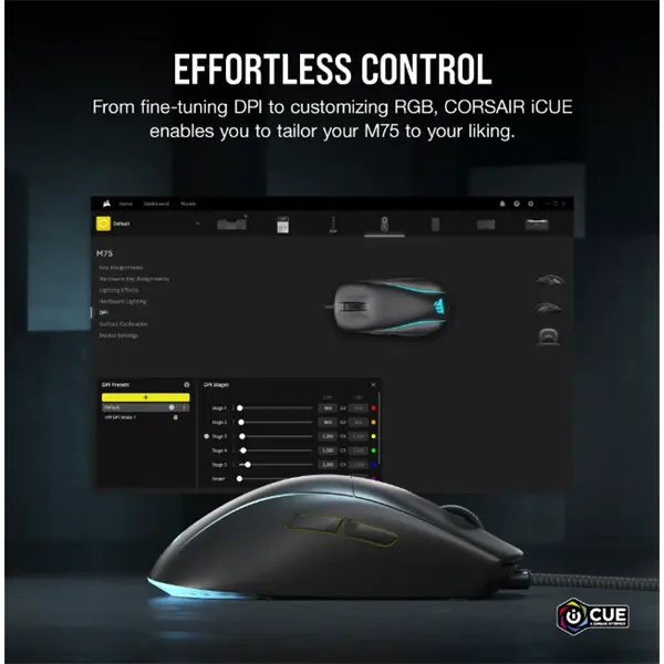 CORSAIR Vezetékes Egér Gaming, M75 RGB, Ultra-könnyű, RGB Világítás, 26000dpi, fekete – 6. kép
