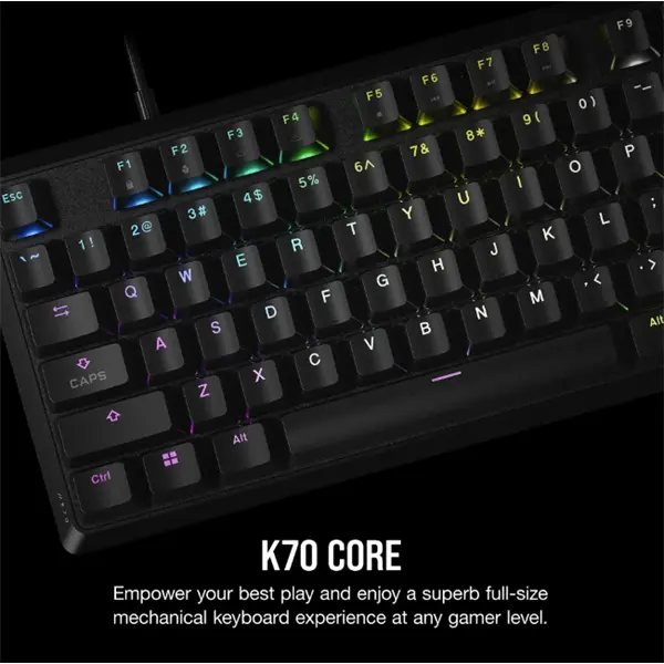 CORSAIR Vezetékes Billentyűzet Gaming, K70 CORE RGB, Mechanikus, MLX Red switch, 104 gombos, US, fekete – 2. kép