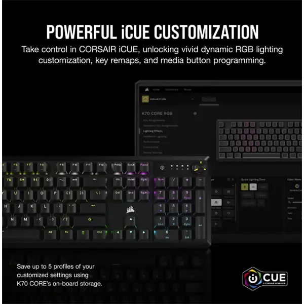 CORSAIR Vezetékes Billentyűzet Gaming, K70 CORE RGB, Mechanikus, MLX Red switch, 104 gombos, US, fekete – 6. kép