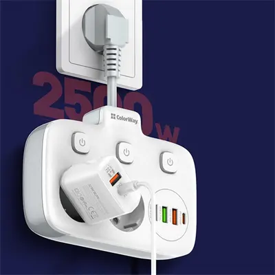 COLORWAY Hálózati elosztó, CW-CHE24PDW, 2 dugalj, 3xUSB-A, 1xUSB-C 2m, fekete – 2. kép