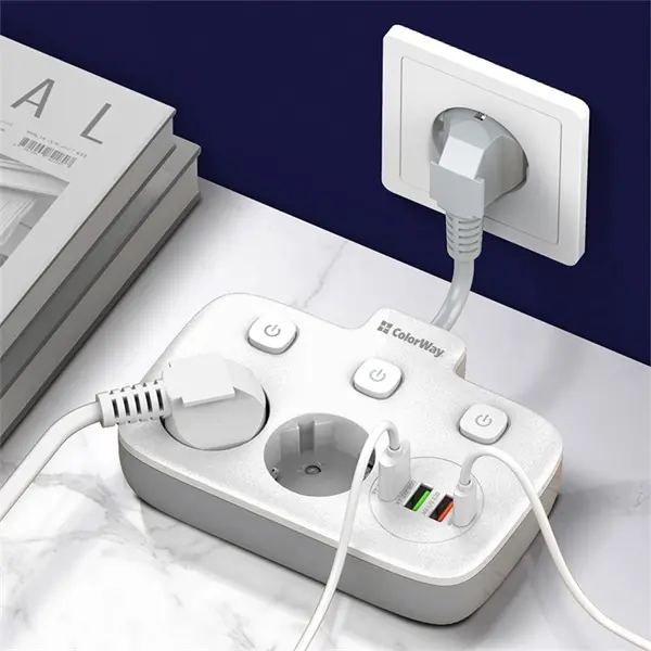 COLORWAY Hálózati elosztó, CW-CHE24PDW, 2 dugalj, 3xUSB-A, 1xUSB-C 2m, fekete – 3. kép