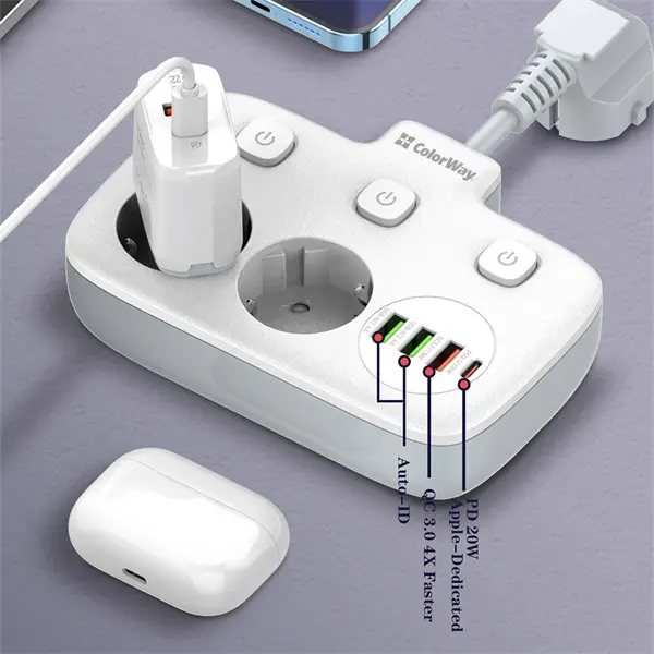 COLORWAY Hálózati elosztó, CW-CHE24PDW, 2 dugalj, 3xUSB-A, 1xUSB-C 2m, fekete – 5. kép