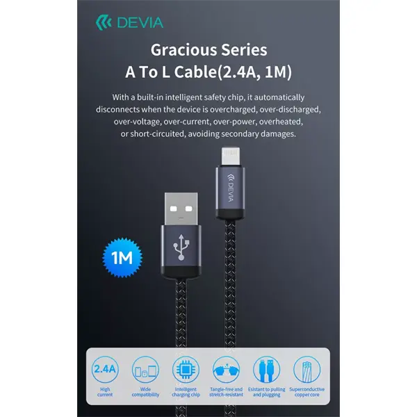DEVIA ST108035 Gracious v2 12W USB/Lightning adat-és töltőkábel, fekete, 1m – 7. kép