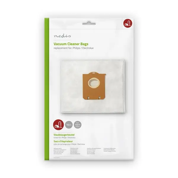 Nedis DUBG120AEP10 S-BAG porzsák Philips és Electrolux porszívókhoz, 10 db, 5 rétegű szűrő, 1 db mikroszűrő