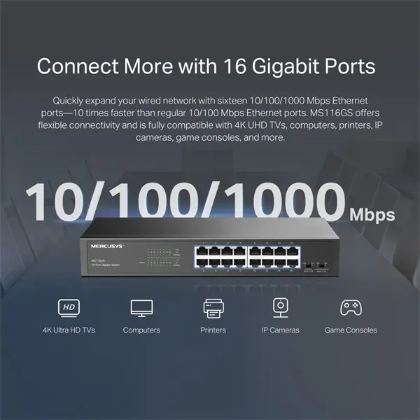MERCUSYS Switch 16x1000Mbps, Fémházas Asztali Rackes, MS116GS – 4. kép