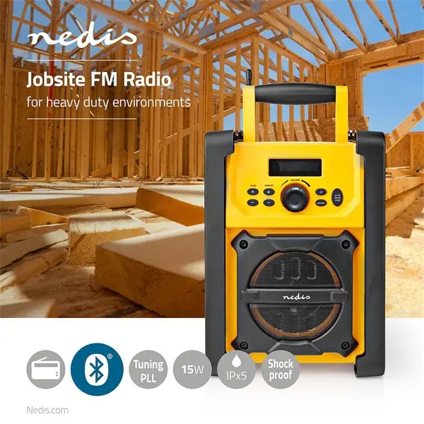 Nedis RDFM3100YW munka rádió, FM, bluetooth, rezgéscsillapítás, 15W, 20 FM állomás, 3,5 mm audióbemenet – 7. kép