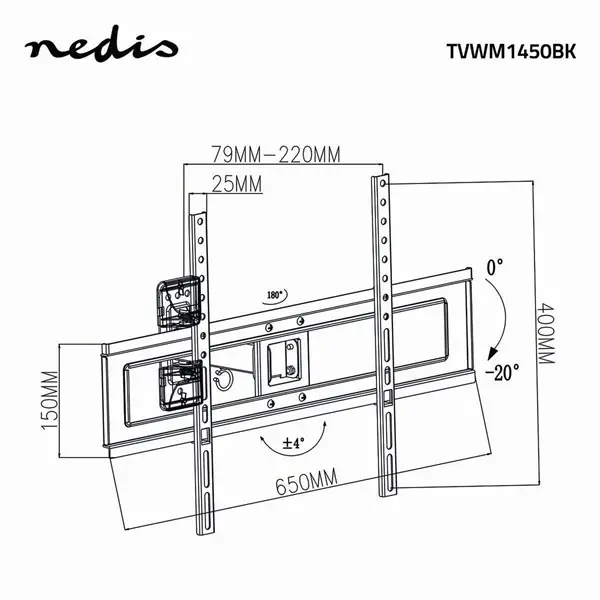 Nedis TVWM1450BK LCD TV / monitor tartó konzol 3d, minden irányban mozgatható, súly: 35 kg, dönthető, forgatható – 5. kép