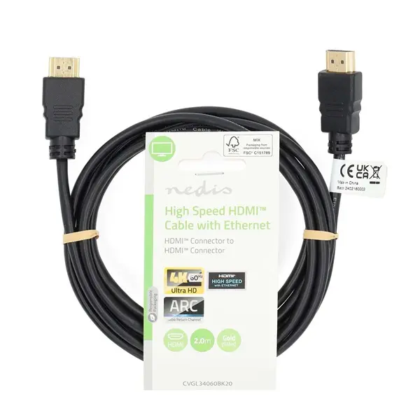 Nedis CVGL34060BK20 ultra HD HDMI kábel, HDMI dugó - dugó, 4K@60Hz, ARC, 18 Gbps, aranyozott csatlakozók, hossz 2m – 3. kép