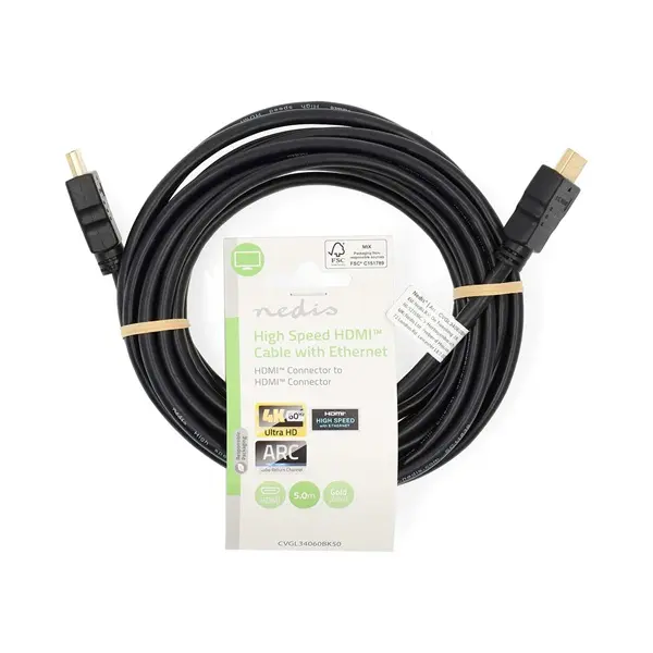 Nedis CVGL34060BK50 ultra HD HDMI kábel, HDMI dugó - dugó, 4K@60Hz, ARC, 18 Gbps, aranyozott csatlakozók, hossz 5m