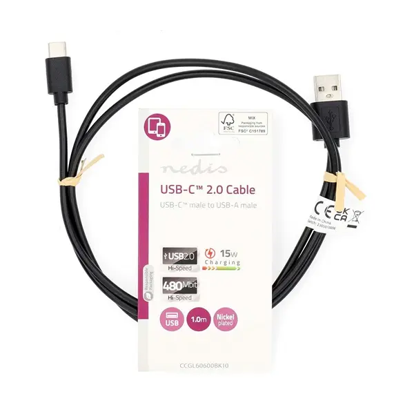 Nedis CCGL60600BK10 USB A - USB C (USB-C) kábel, USB2.0, 15W, hossz 1m – 3. kép