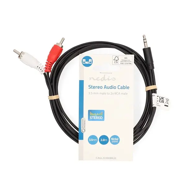 Nedis CAGL22200BK20 sztereo audió kábel, 3,5 Jack dugó - 2 X RCA dugó, hossz 2m – 3. kép