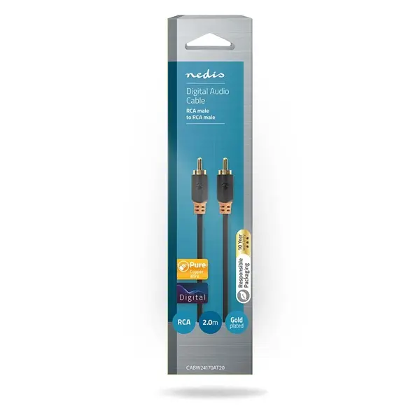 Nedis CABW24170AT20 digitális koax kábel, 2 x aranyozott RCA, hossz 2m – 3. kép