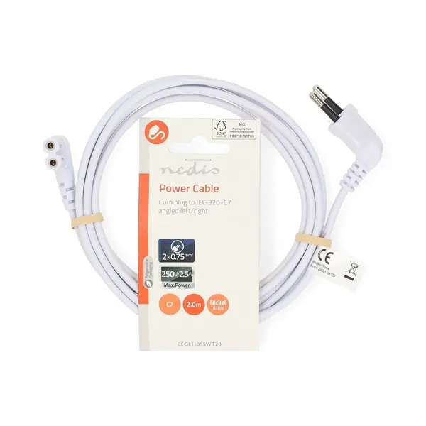 Nedis CEGL11055WT20 tápkábel, Euro dugó, IEC-320-C7, pipa, szögben balra, 2m, fehér – 3. kép