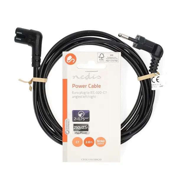 Nedis CEGL11055BK20 tápkábel, Euro dugó, IEC-320-C7, pipa, szögben balra, 2m, fekete – 3. kép