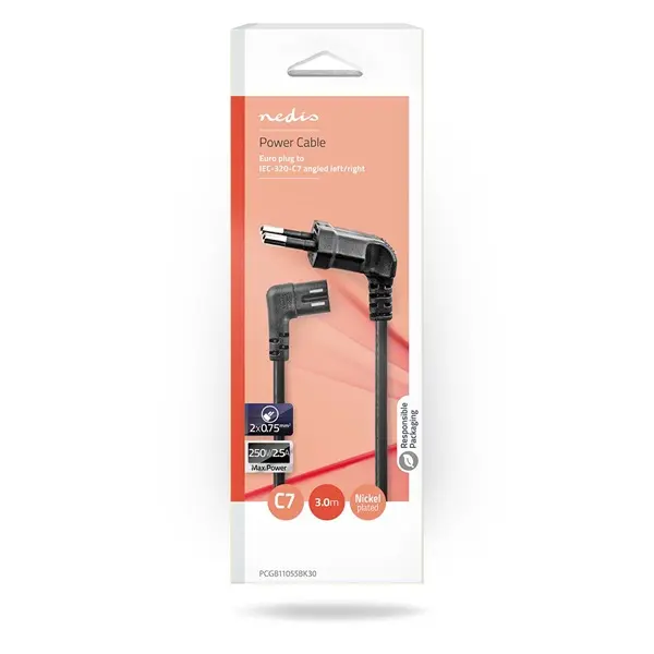 Nedis CEGL11055BK30 tápkábel, Euro dugó, IEC-320-C7, pipa, szögben balra, 3m, fekete – 3. kép