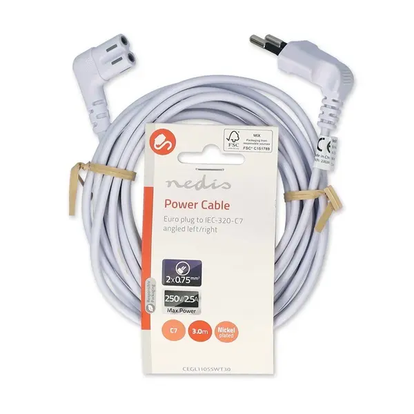 Nedis CEGL11055WT30 tápkábel, Euro dugó, IEC-320-C7, pipa, szögben balra, 3m, fehér – 3. kép