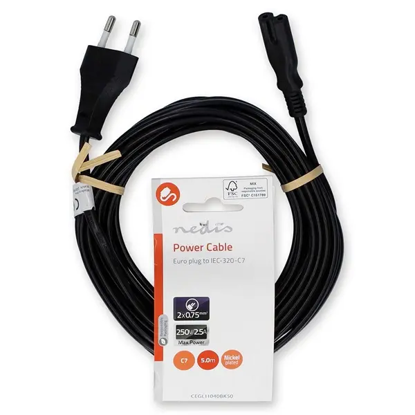 Nedis CEGL11040BK50 tápkábel IEC-320-C7, 2 x 0.75 mm, hossz 5m – 3. kép