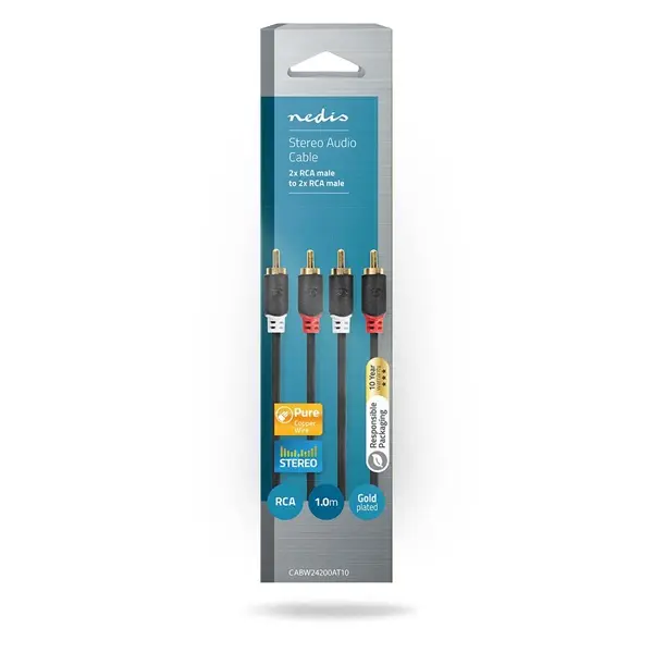 Nedis CABW24200AT10 sztereo audió kábel 2x RCA férfi, 2x RCA férfi, Aranyozott, 1 m , kerek, Antracit – 3. kép