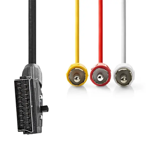Nedis CVGP31130BK10 SCART kábel, 3x RCA férfi, Nikkelezett, Kapcsolható, 480p, 1,00 m, kerek, PVC, Fekete – 4. kép